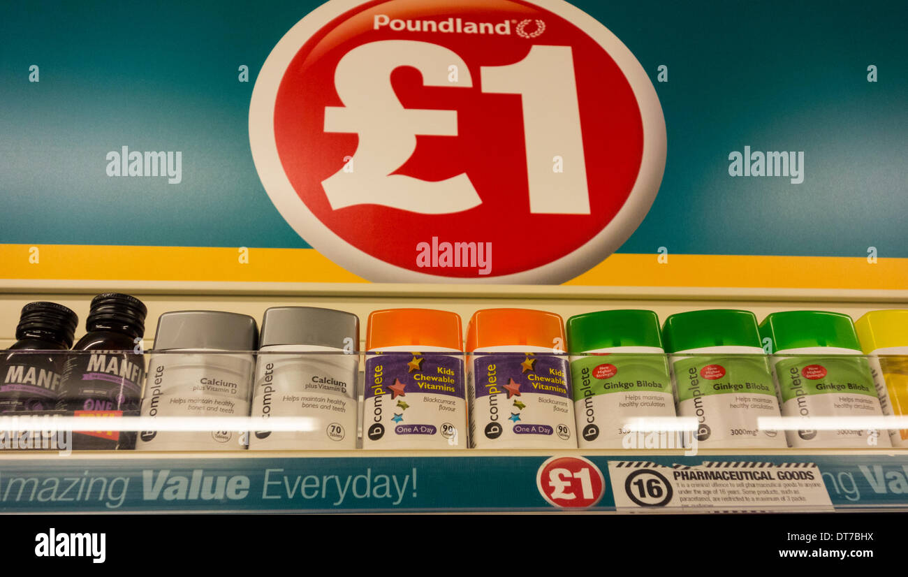 Poundland`s own brand vitamin supplements. Poundland store, UK Stock Photo